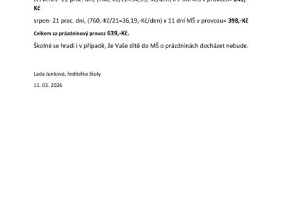 Výše školného v měsících červenec a srpen 2026, MŠ A. Dvořáka