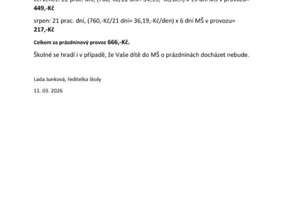 Výše školného v měsících červenec a srpen 2026, MŠ Letná